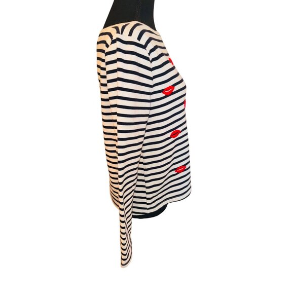 Betsey Johnson Striped Top Embroidered Red Lip Print S Novelty Coastal artsy - Picture 5 of 9